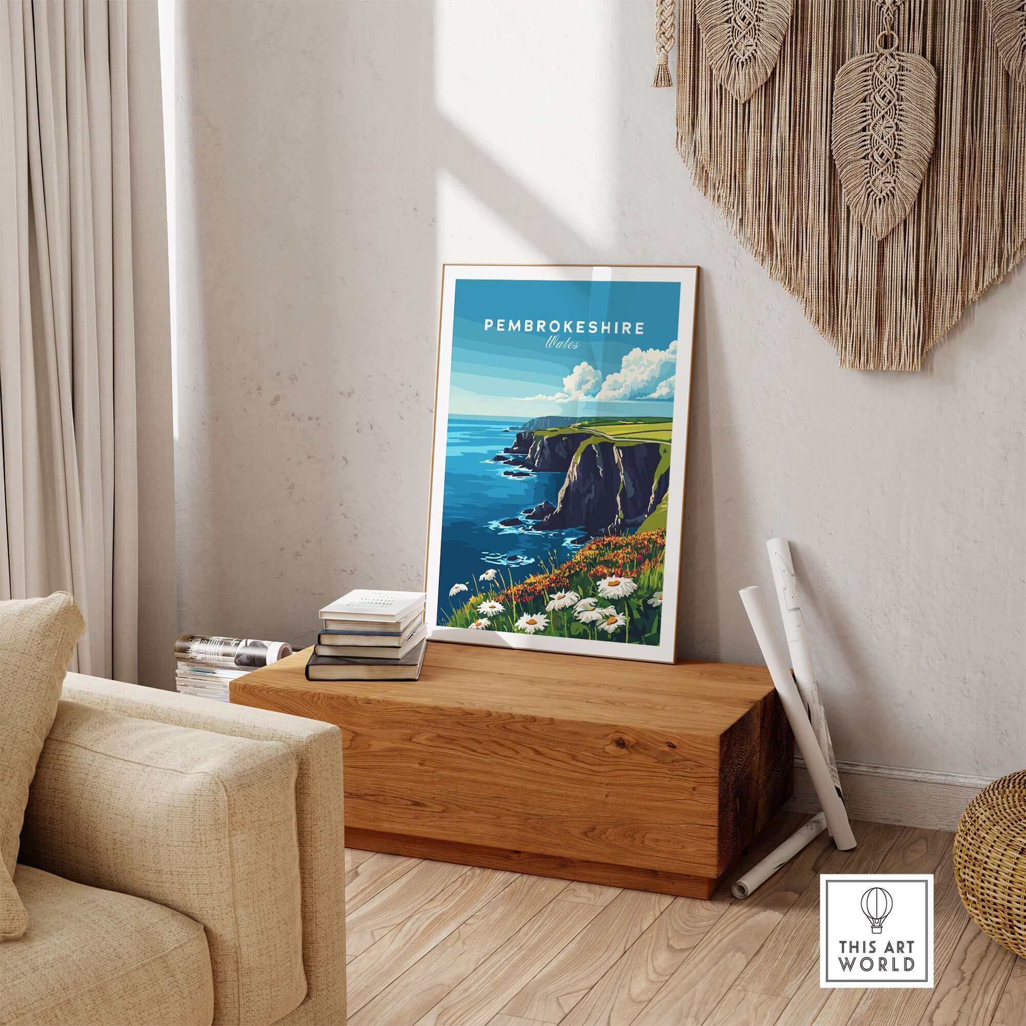 Pembrokeshire Wall Art featuring the stunning coast of Wales in a cozy home setting.
