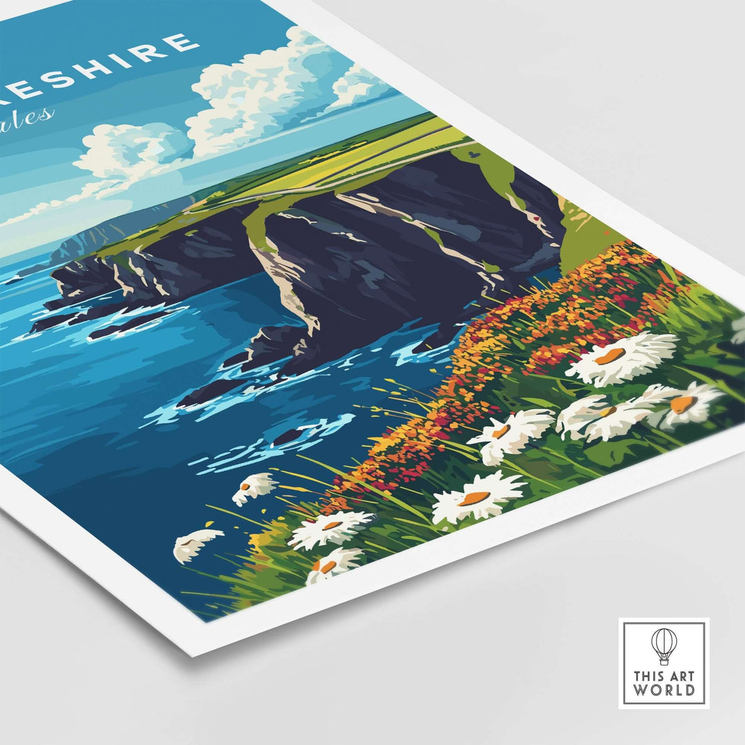 Pembrokeshire wall art showcasing the stunning Welsh coastline with vibrant flowers and a serene blue sea.