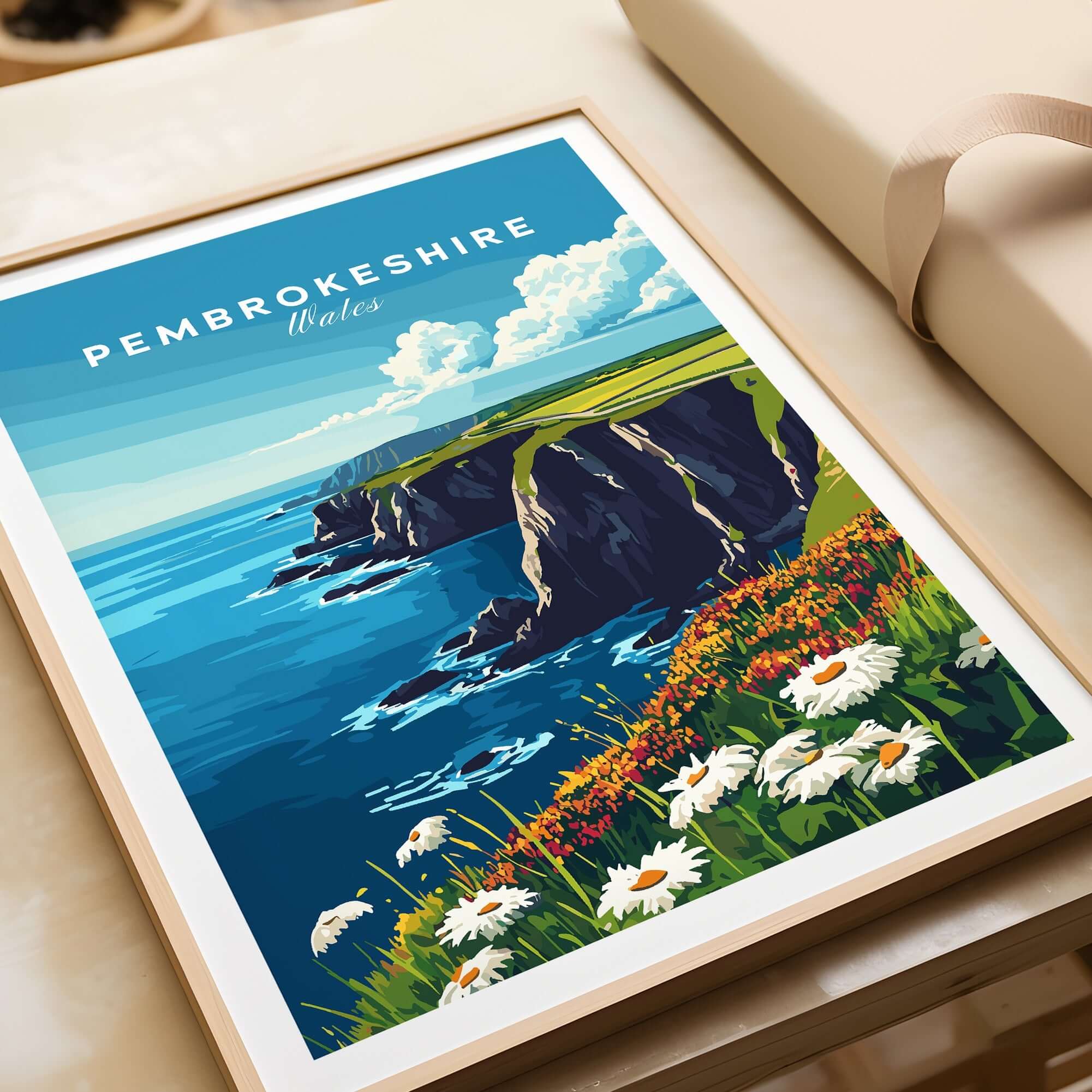 Pembrokeshire Wall Art featuring stunning coastal views of Wales with vibrant flowers in the foreground.