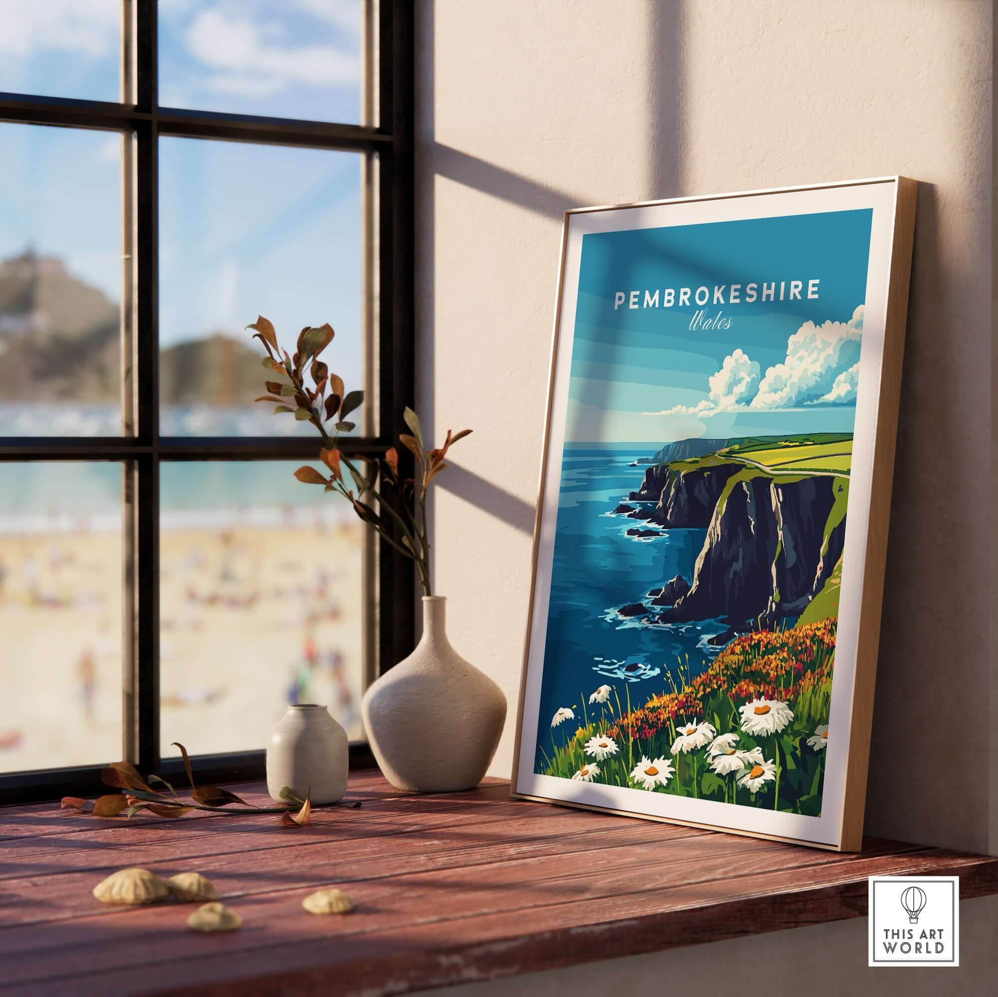 Pembrokeshire Wall Art showcasing the stunning coastal views of Wales in a framed piece on a wooden table.