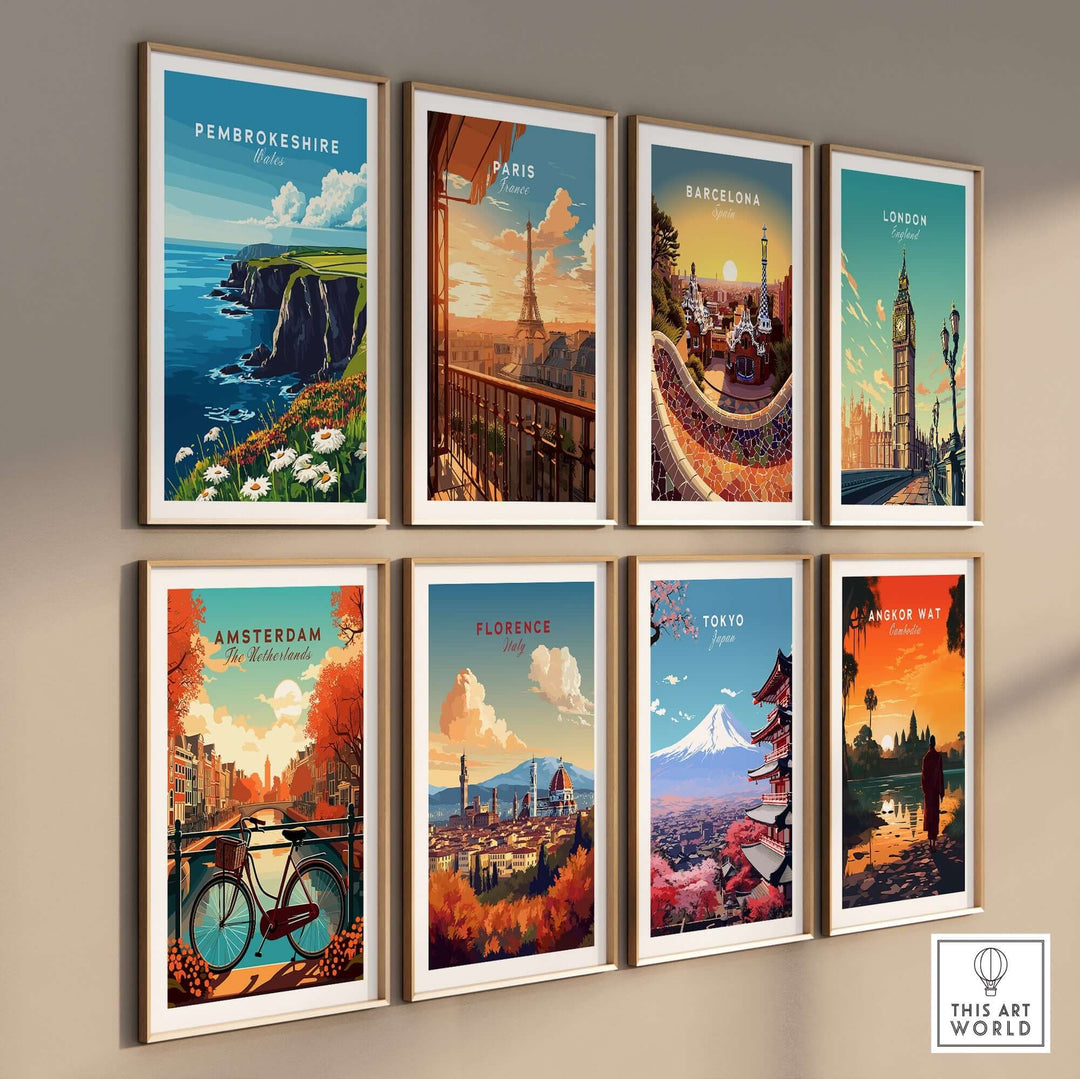 Framed wall art collection featuring Pembrokeshire, Paris, Barcelona, London, Amsterdam, Florence, Tokyo, and Angkor Wat.