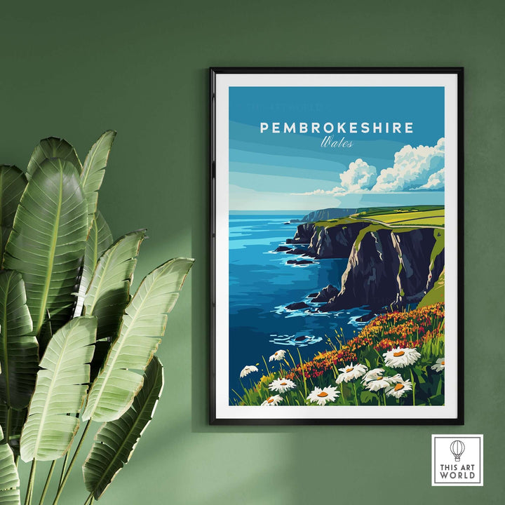 Pembrokeshire wall art featuring a coastal view of Wales with cliffs and flowers, enhancing home decor with nature's beauty.