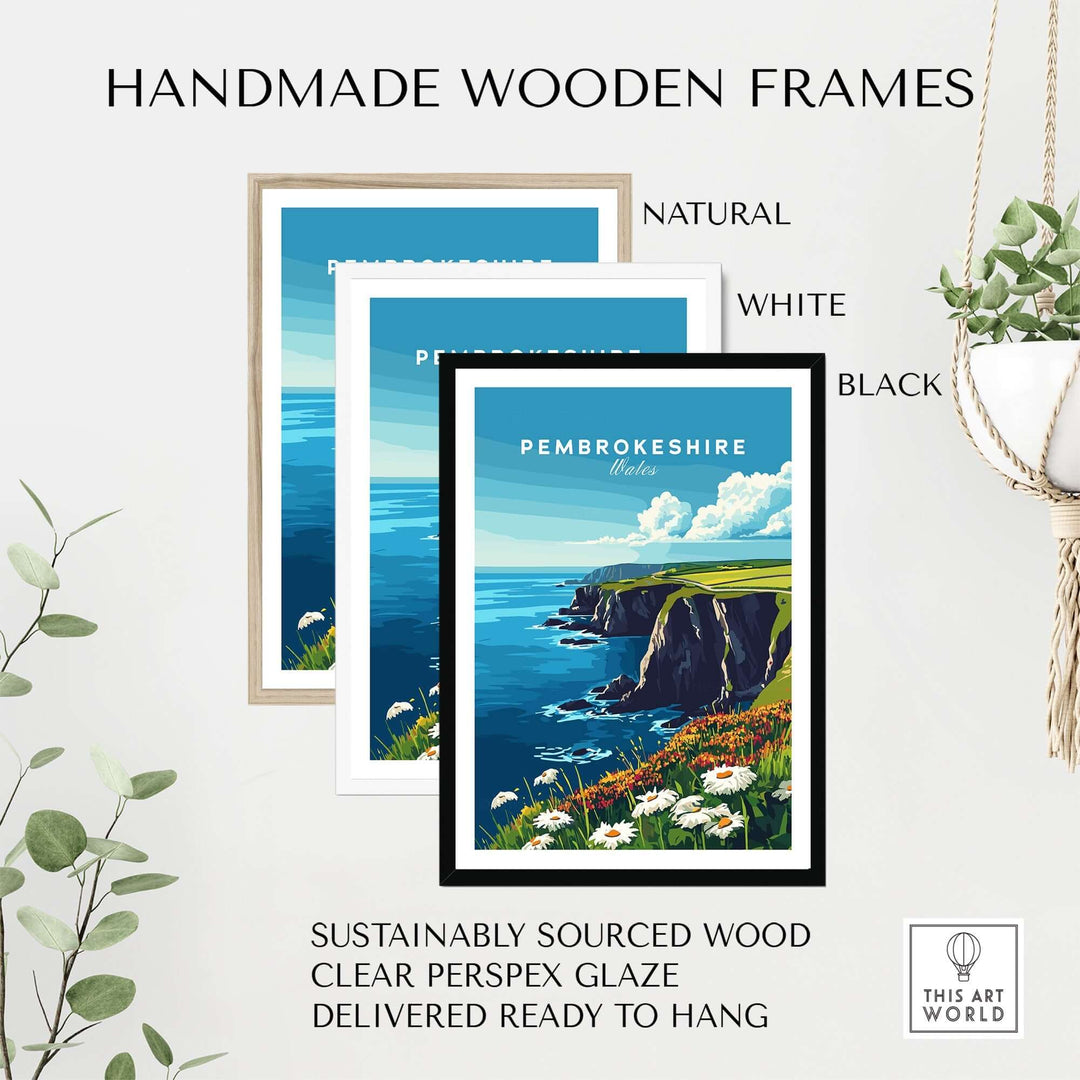 Handmade wooden frames in natural, white, and black for Pembrokeshire wall art, featuring sustainably sourced wood and clear glaze.