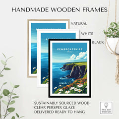 Pembrokeshire Wall Art displayed in handmade wooden frames in natural, white, and black colors with scenic coastal view.