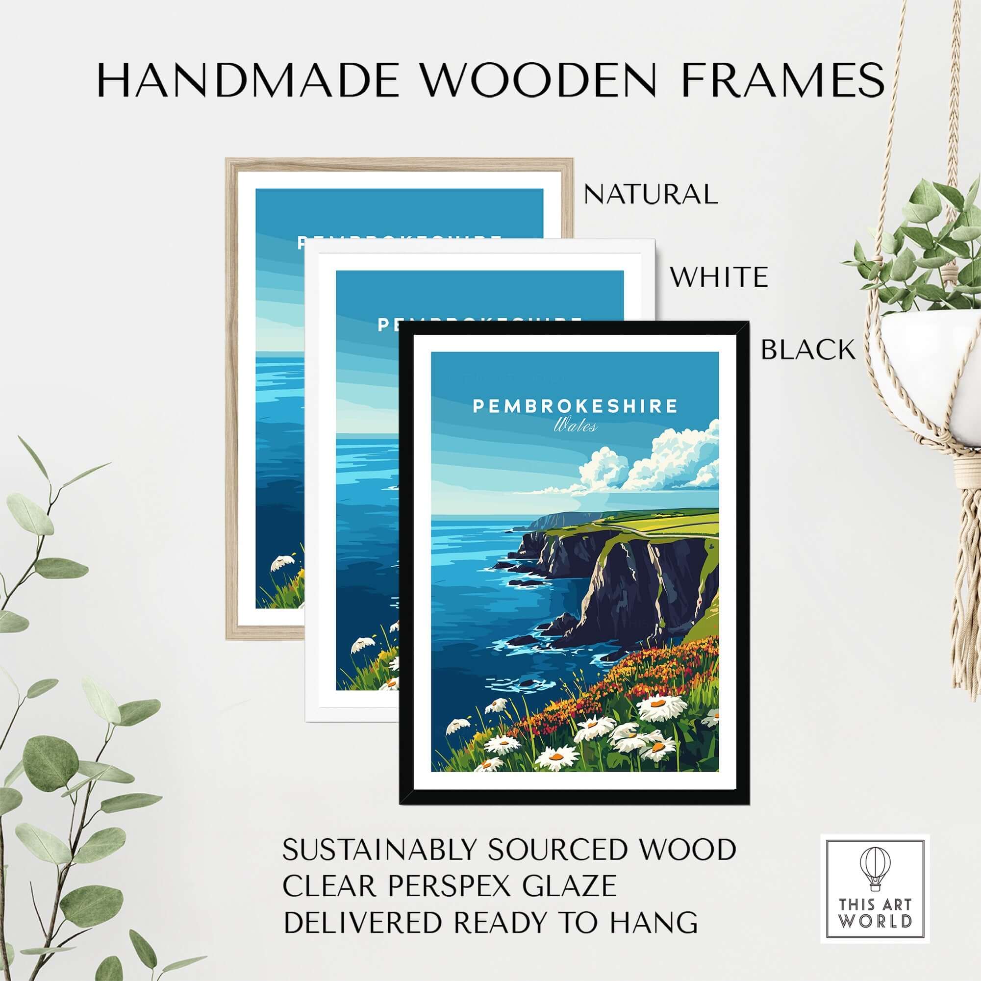 Pembrokeshire Wall Art displayed in handmade wooden frames in natural, white, and black colors with scenic coastal view.