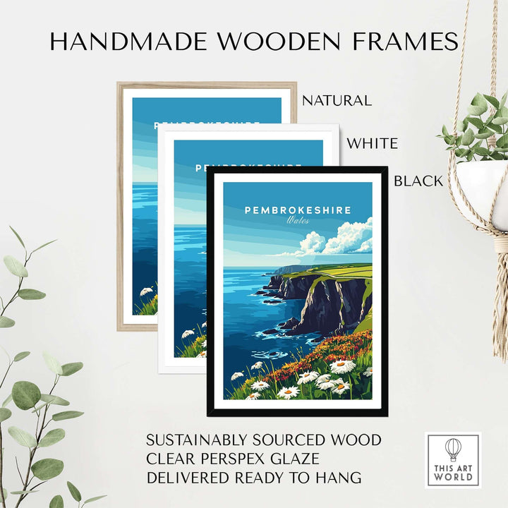 Handmade wooden frames in natural, white, and black for Pembrokeshire wall art, featuring sustainably sourced wood and clear glaze.