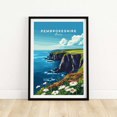 Pembrokeshire Wall Art featuring stunning coastal views of Wales with flowers in the foreground.