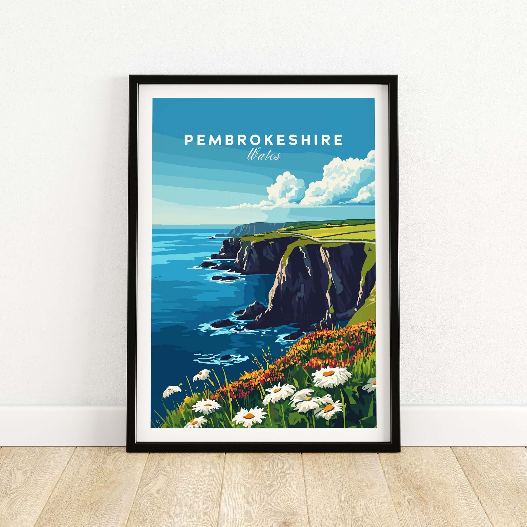Pembrokeshire Wall Art featuring stunning coastal views of Wales with flowers in the foreground.