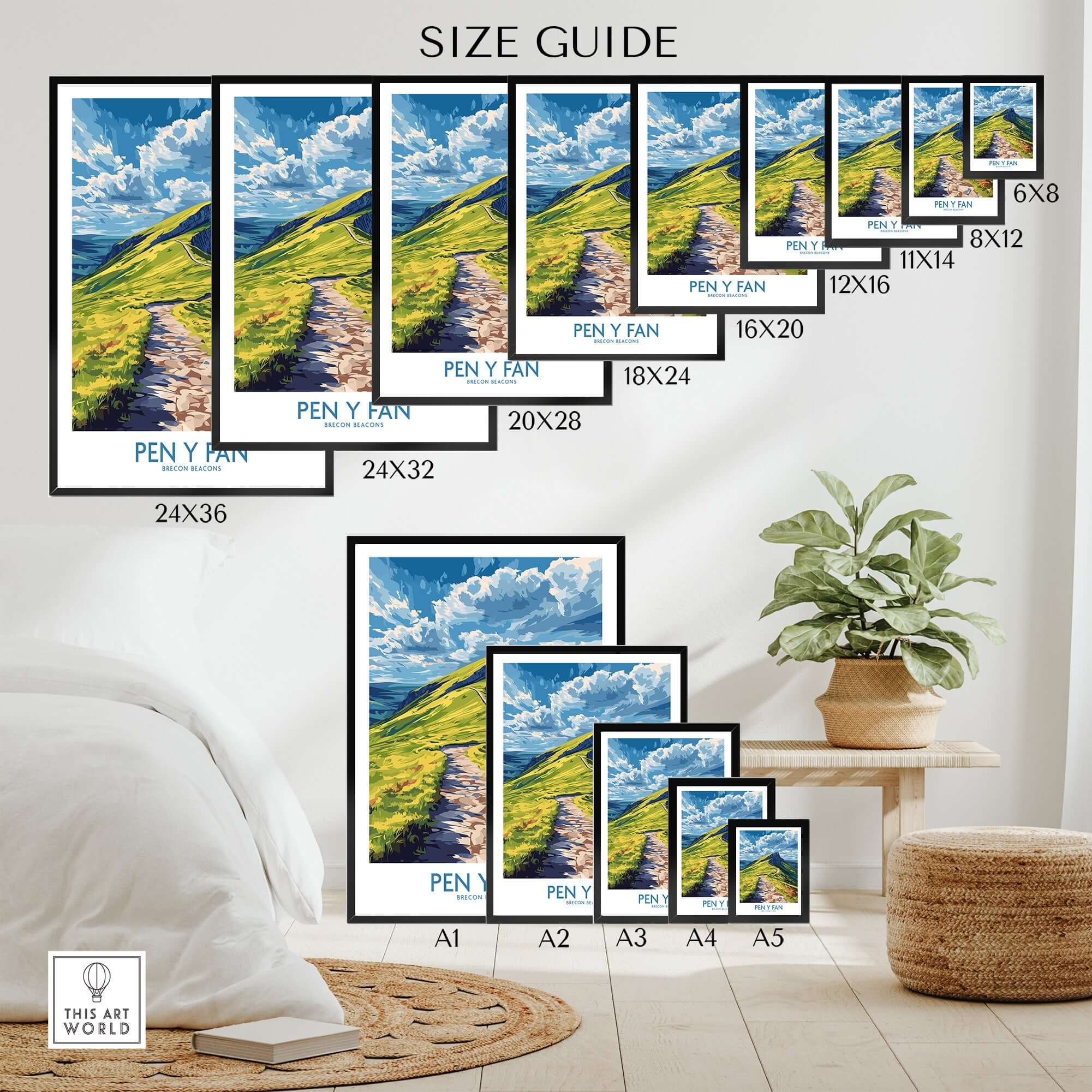 Pen Y Fan Poster Brecon Beacons Wales size guide with various frame dimensions displayed in a modern room