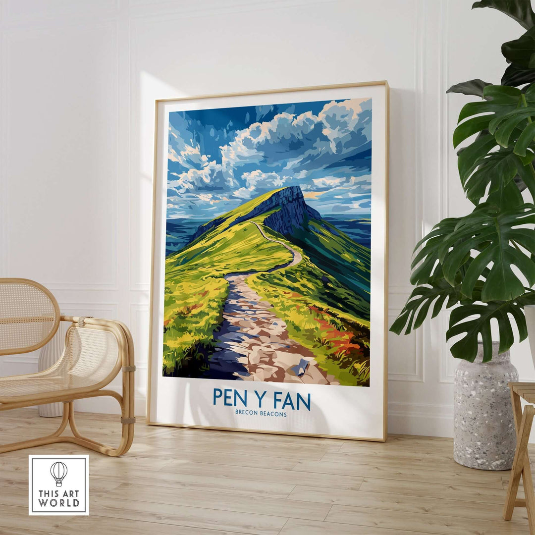 Pen Y Fan poster in vibrant colors showcasing the Brecon Beacons landscape, displayed in a stylish interior setting.