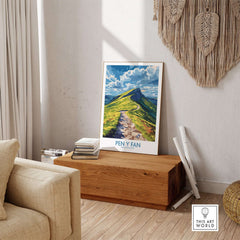 Pen Y Fan Poster Brecon Beacons Wales displayed on a wooden bench, inspiring nature exploration.