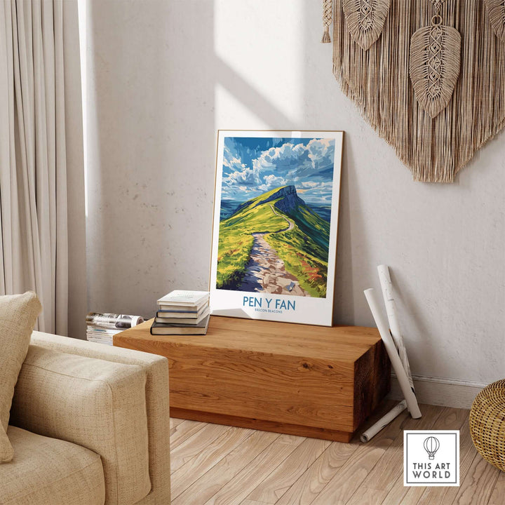 Pen Y Fan poster displayed in a cozy room, capturing the beauty of Brecon Beacons, Wales.