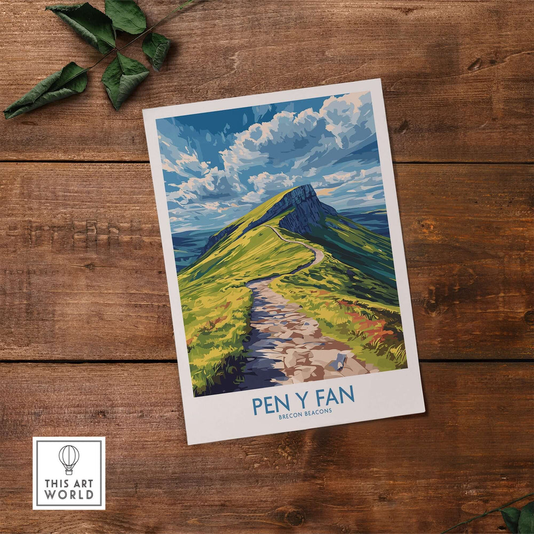 Pen Y Fan poster featuring Brecon Beacons landscape illustration on wooden table background.