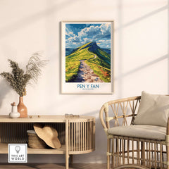 Pen Y Fan Poster Brecon Beacons Wales displayed in a stylish living room decor.