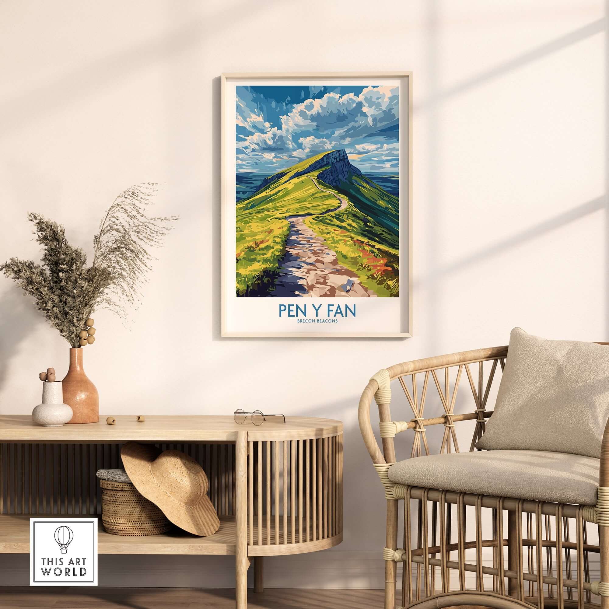 Pen Y Fan Poster Brecon Beacons Wales displayed in a stylish living room decor.