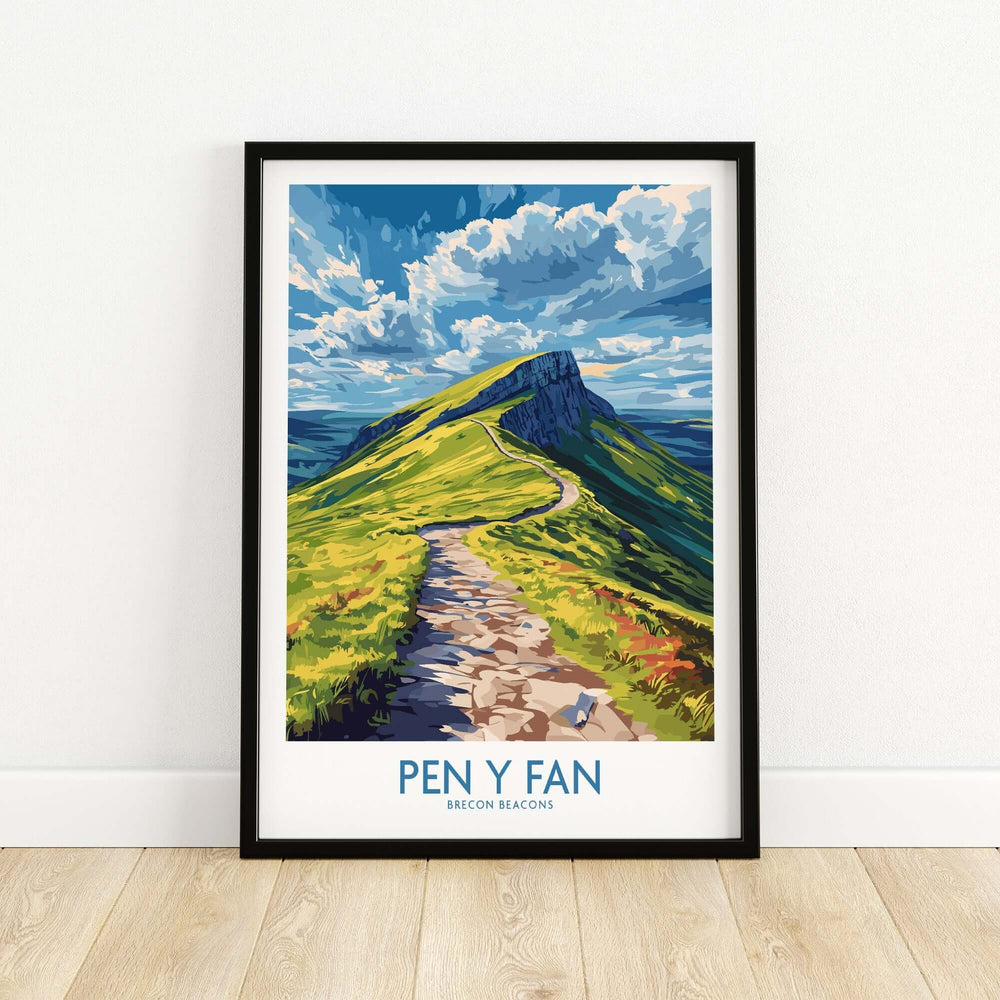 Pen Y Fan poster showcasing the stunning Brecon Beacons landscape with a vibrant path leading to the hill.