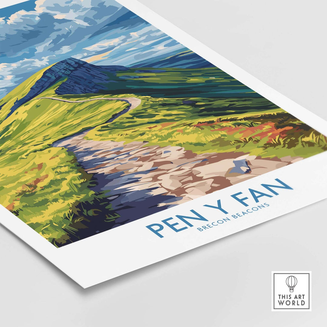 Pen Y Fan poster featuring vibrant artwork of Brecon Beacons in Wales, showcasing scenic landscapes and pathways.