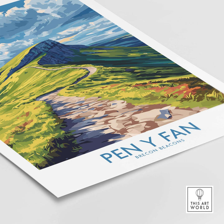 Pen Y Fan poster featuring vibrant artwork of Brecon Beacons in Wales, showcasing scenic landscapes and pathways.