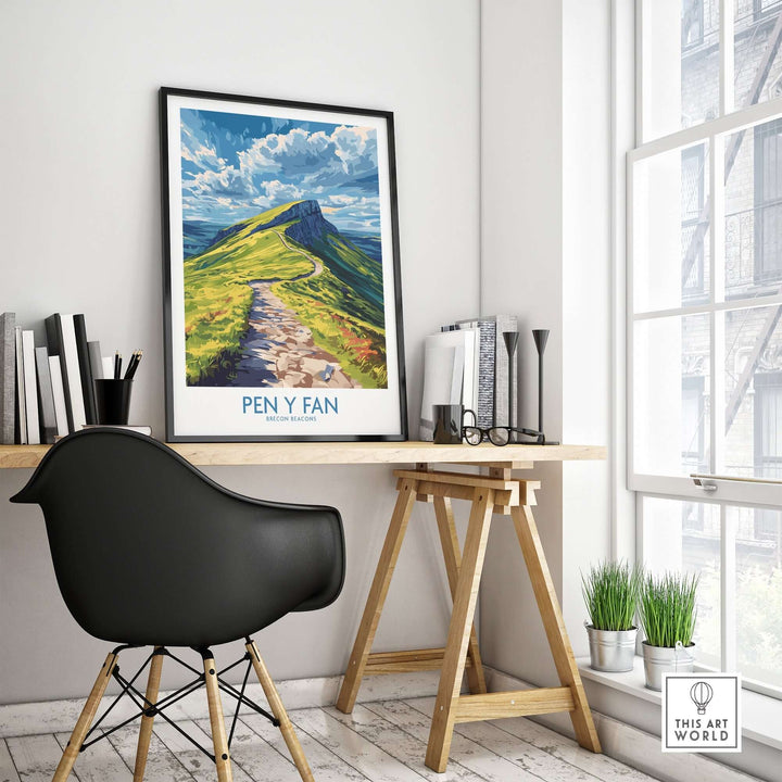 Pen Y Fan poster displayed in a stylish room, showcasing the beauty of the Brecon Beacons in Wales.