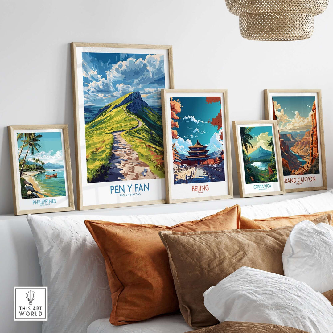 Pen Y Fan poster showcasing the Brecon Beacons, displayed among travel art prints in a cozy home setting.