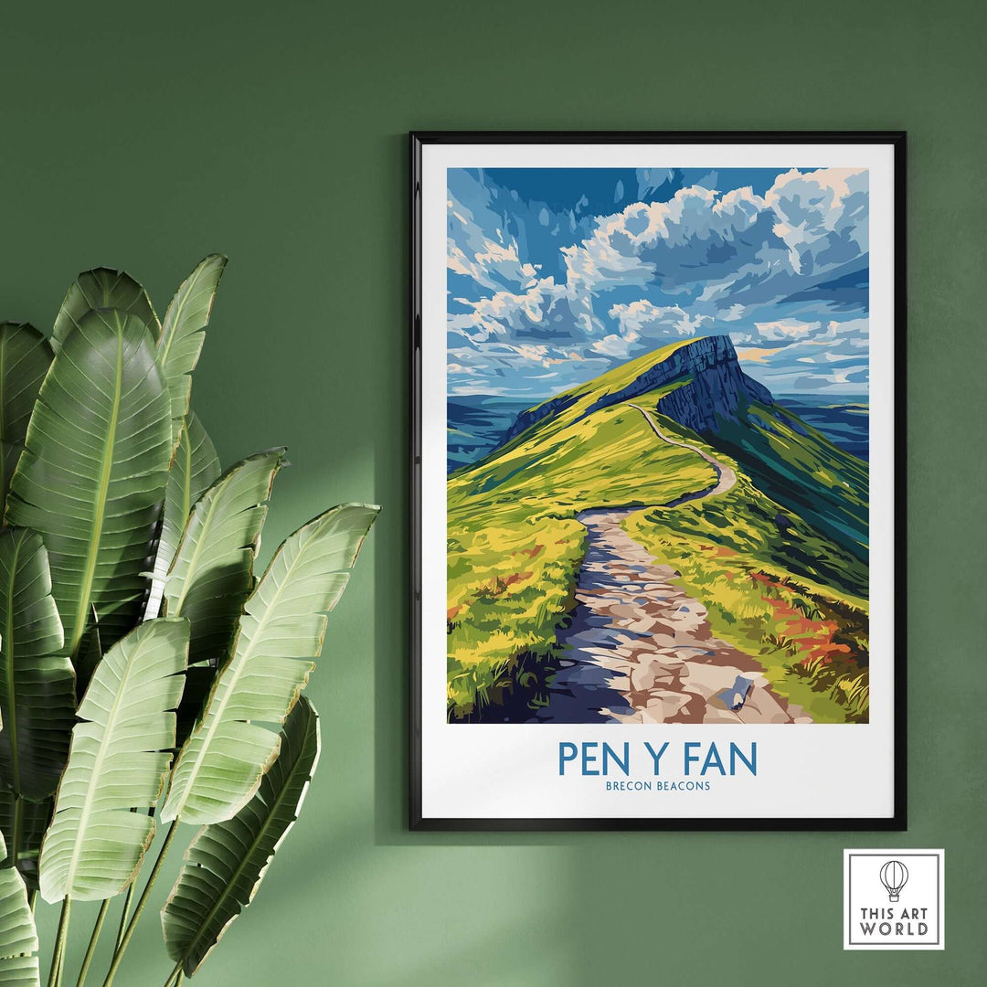 Pen Y Fan poster featuring vibrant landscapes of Brecon Beacons, Wales, displayed in a stylish interior setting.