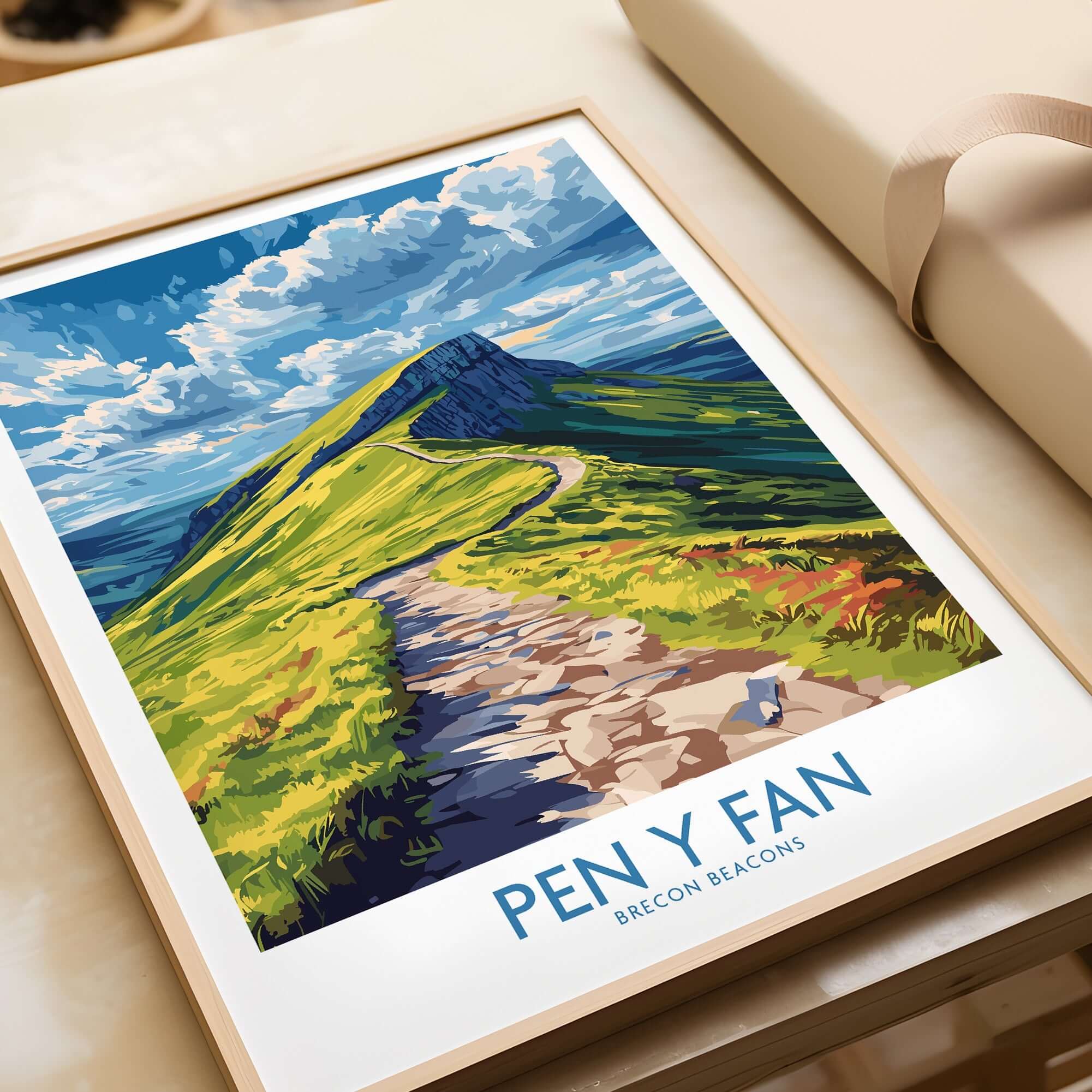 Pen Y Fan Poster Brecon Beacons Wales showcasing a scenic pathway and vibrant landscape.
