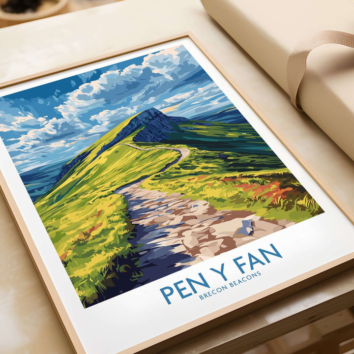 Pen Y Fan poster showcasing the scenic path and landscape of the Brecon Beacons, Wales in vibrant colors.