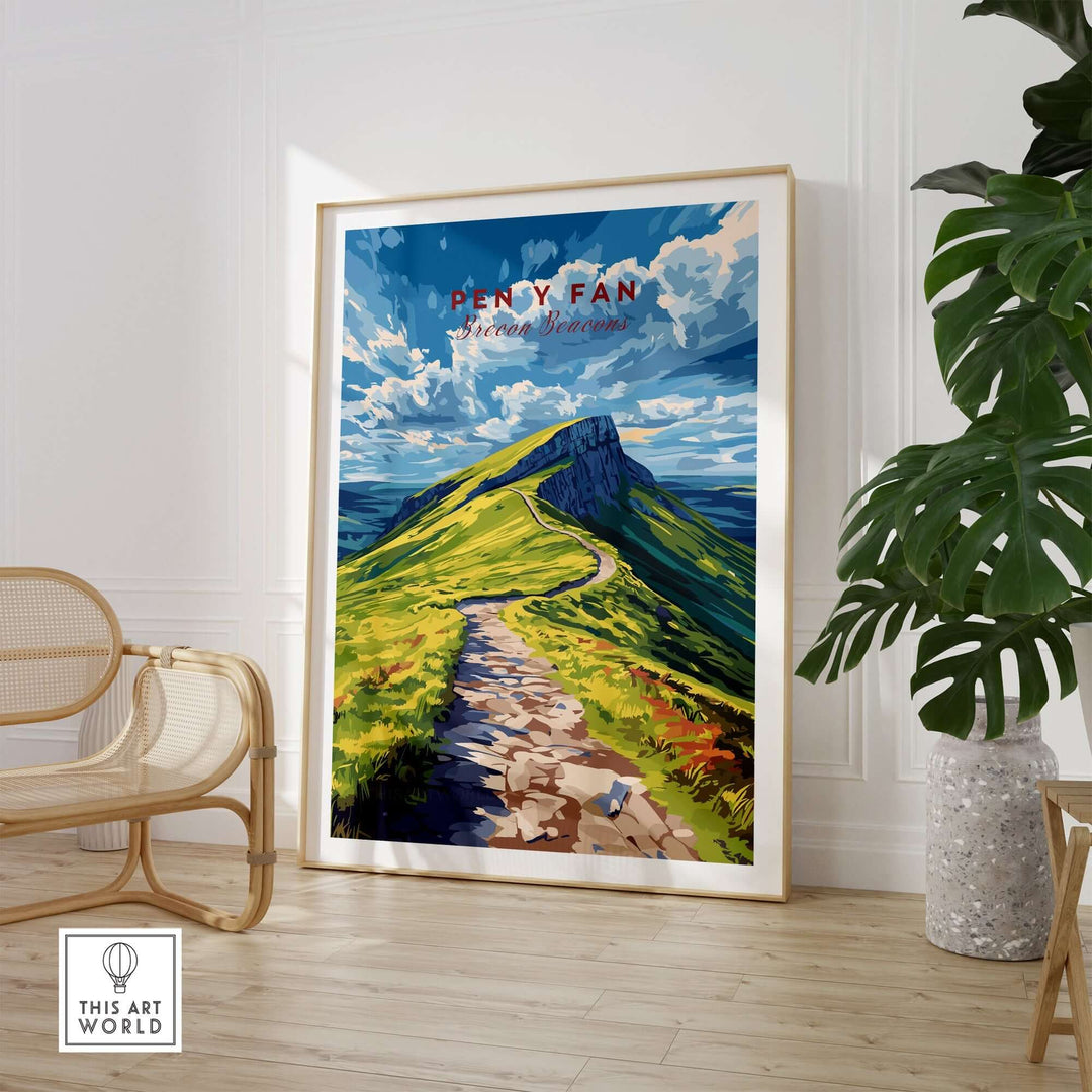 Pen Y Fan print showcasing scenic Brecon Beacons, Wales, framed in a stylish interior setting.