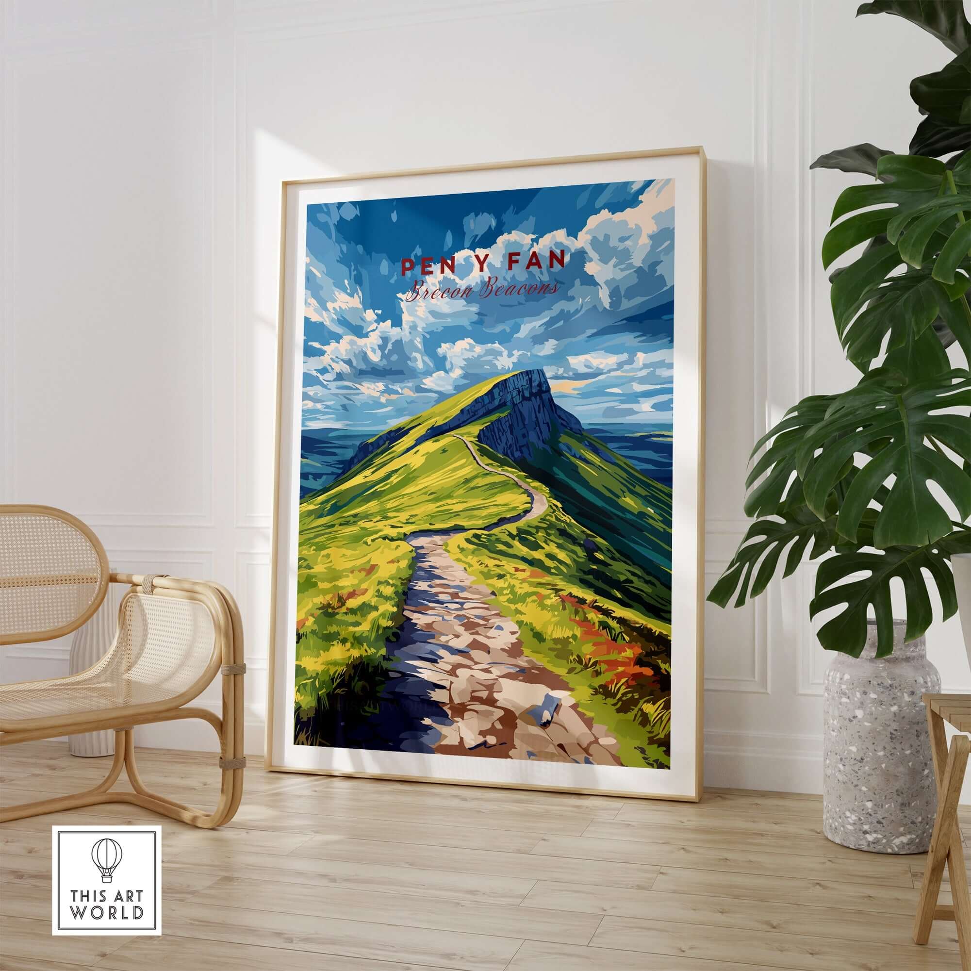 Pen Y Fan Print Brecon Beacons Wales displayed in a home setting, showcasing the beautiful landscape.