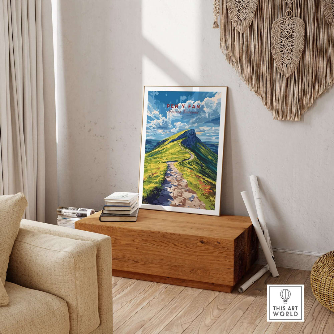 Pen Y Fan print showcasing a scenic view of Brecon Beacons, Wales, displayed in a cozy interior setting.