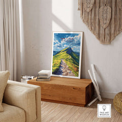 Pen Y Fan Print Brecon Beacons Wales displayed in a cozy home setting on an oak table.