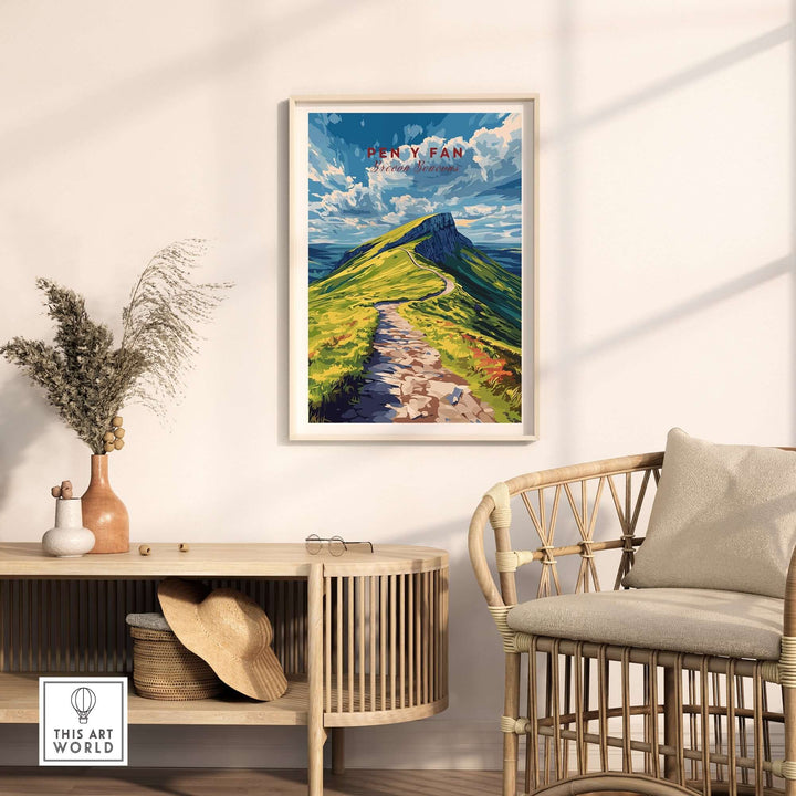 Pen Y Fan print showcasing the Brecon Beacons scenery, framed and displayed in a modern interior setting.