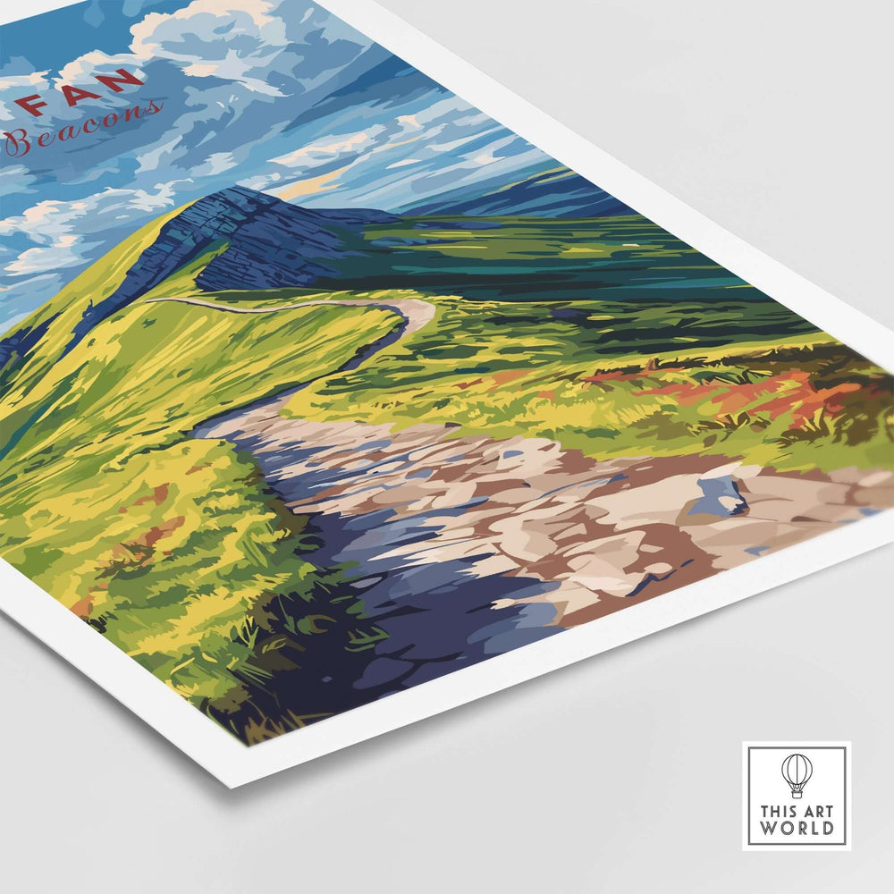 Vibrant Pen Y Fan print showcasing the Brecon Beacons landscape with a scenic pathway and dramatic clouds.