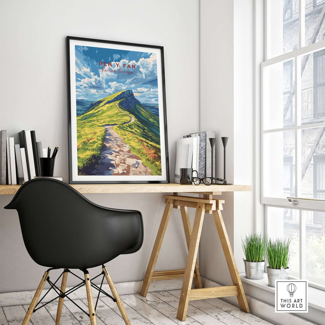 Pen Y Fan print displayed in a modern workspace, showcasing the beauty of Brecon Beacons, Wales.