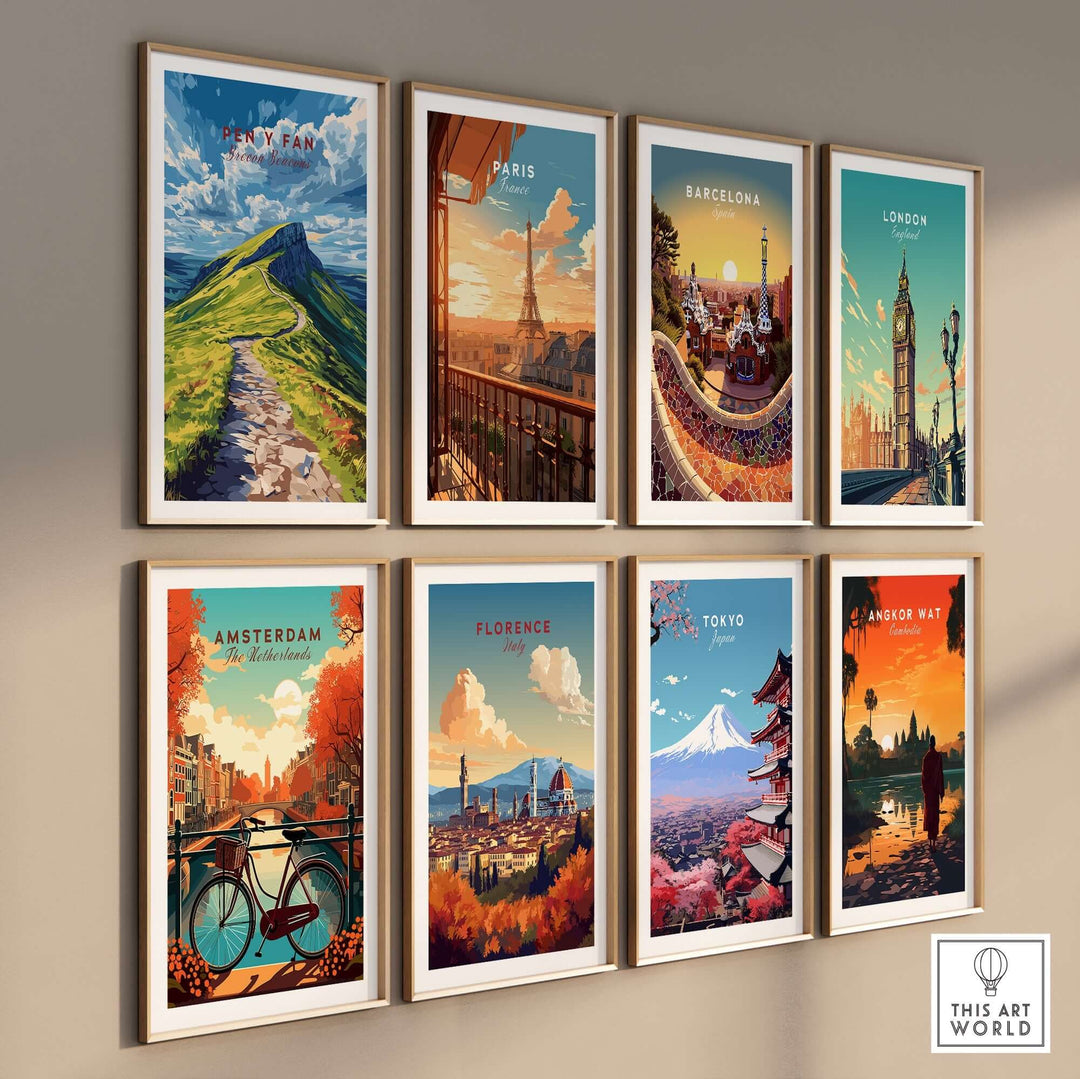 Collection of travel-themed art prints featuring Pen Y Fan, Paris, Barcelona, London, Amsterdam, Florence, Tokyo, and Angkor Wat.