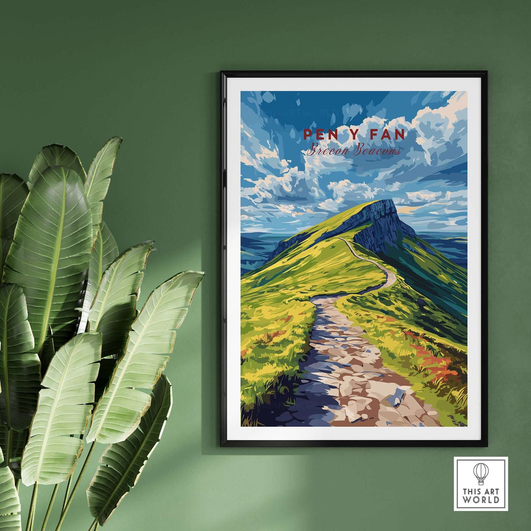 Pen Y Fan print featuring vibrant landscape art of Brecon Beacons, Wales, displayed on a green wall with foliage.