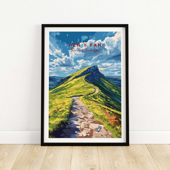 Pen Y Fan print featuring a vibrant landscape of Brecon Beacons in Wales, showcasing a scenic path and dramatic skies.