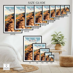 Pen Y Fan Travel Print Wales Size Guide for various frame options in a stylish living room setting.