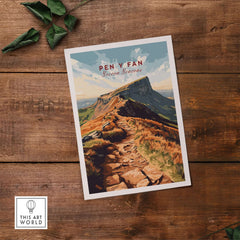 Pen Y Fan Travel Print Wales showcasing beautiful Brecon Beacons landscape on wooden table