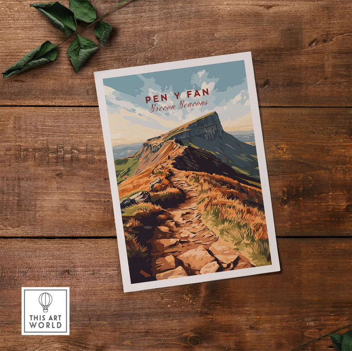 Pen Y Fan travel print showcasing scenic Brecon Beacons landscape on wooden background. Ideal for Wales travel enthusiasts.