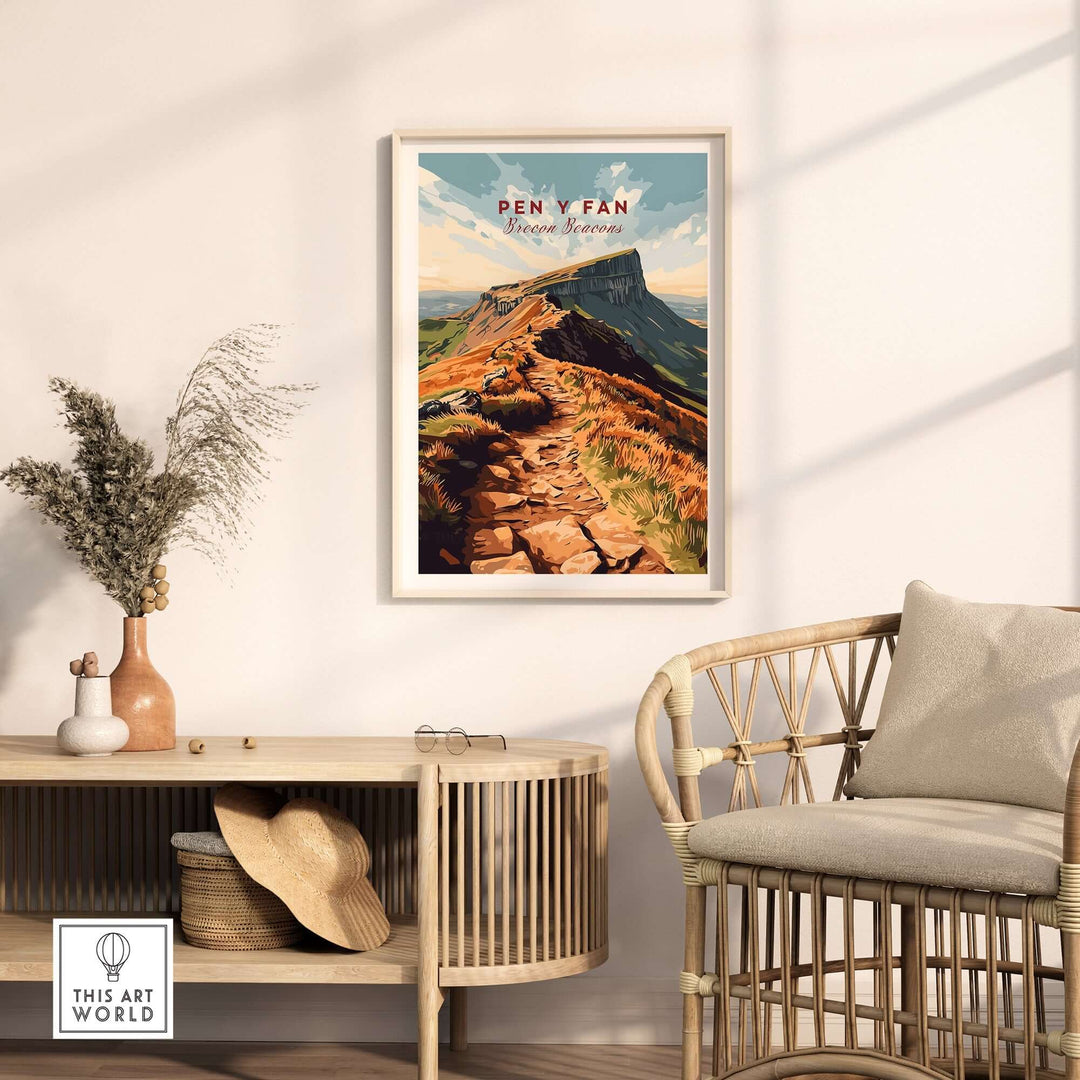 Vintage travel print of Pen Y Fan mountain in Wales, showcasing scenic landscapes and vibrant colors.