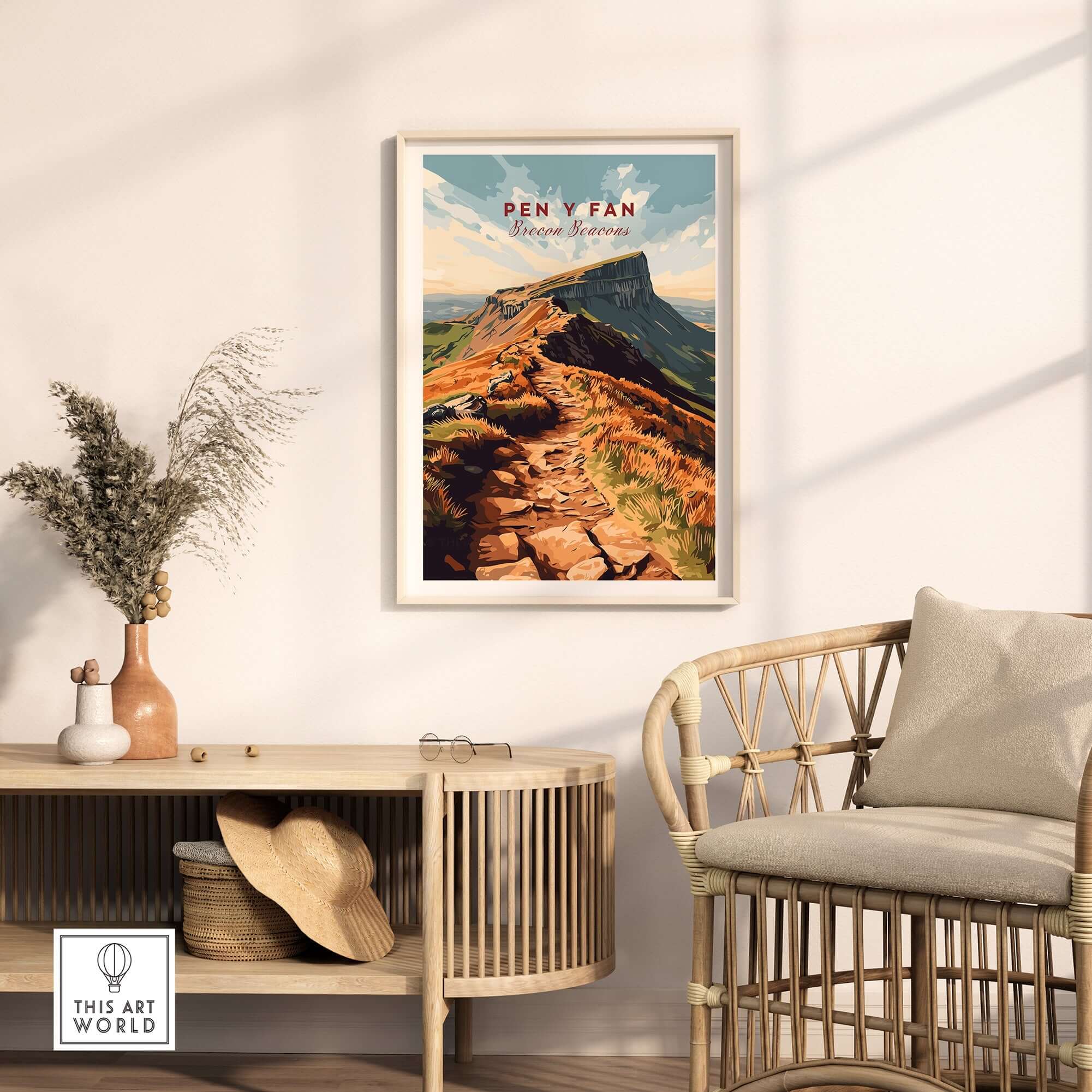 Stunning Pen Y Fan Travel Print Wales displayed in a stylish interior setting, showcasing breathtaking landscapes.