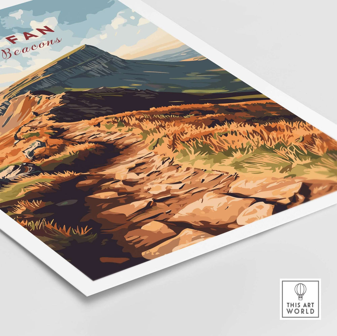 Vibrant travel print of Pen Y Fan in the Brecon Beacons, showcasing stunning Welsh landscapes and natural beauty.