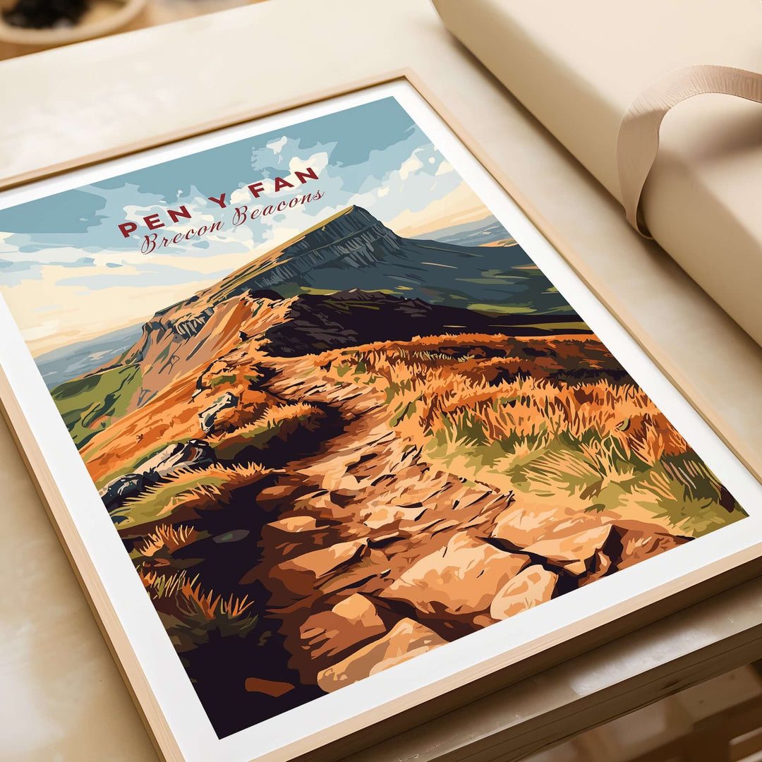 Vintage travel print of Pen Y Fan mountain in the Brecon Beacons, showcasing vibrant colors and scenic landscape.