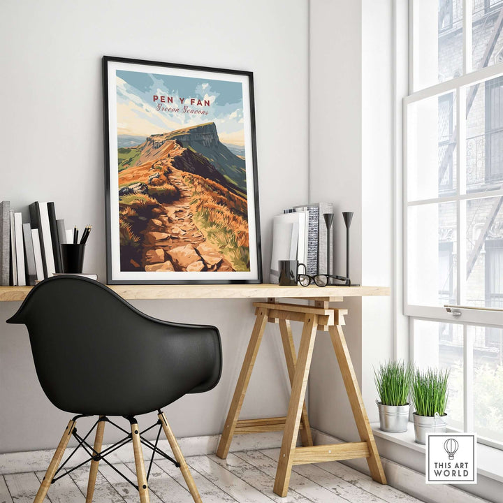 Pen Y Fan travel print featuring a scenic view of Wales, displayed in a modern workspace setting.