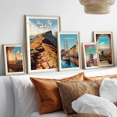 Pen Y Fan Travel Print Wales displayed among other travel prints in a stylish living room decor.