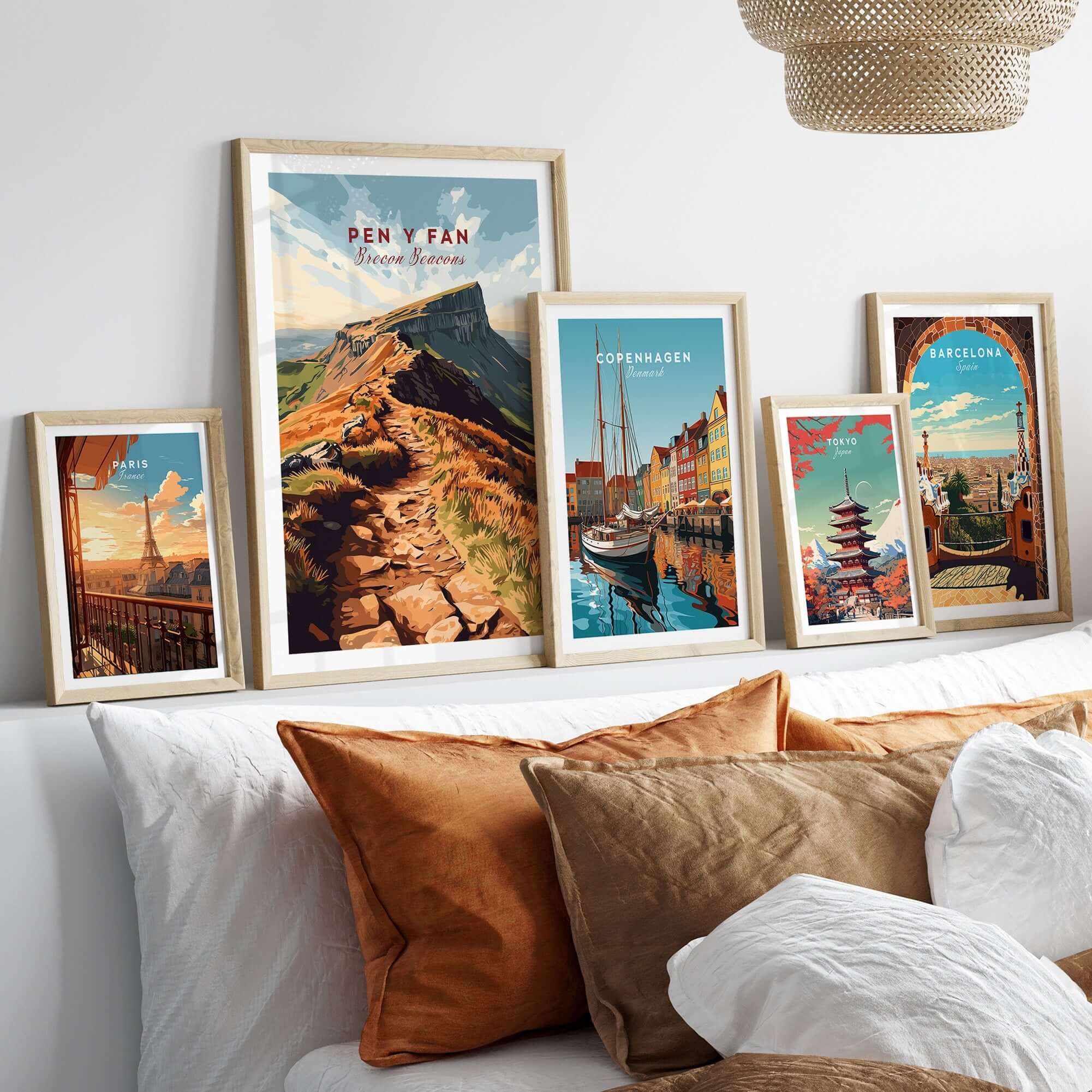 Pen Y Fan Travel Print Wales displayed among other travel prints in a stylish living room decor.