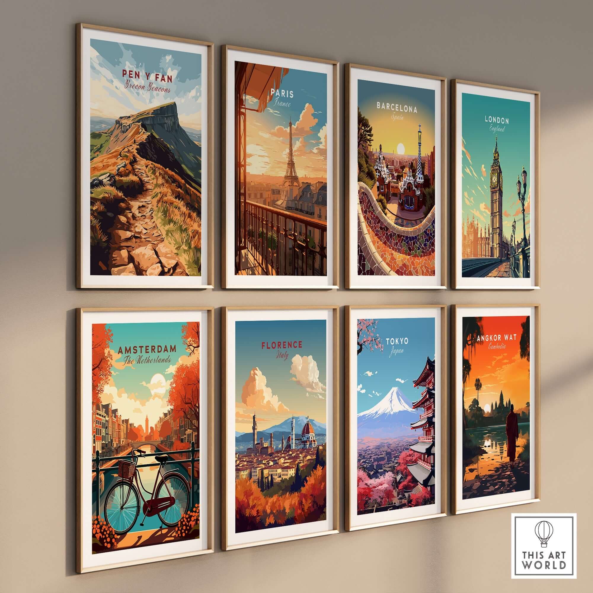 Pen Y Fan Travel Print Wales displayed among various travel prints on a wall.