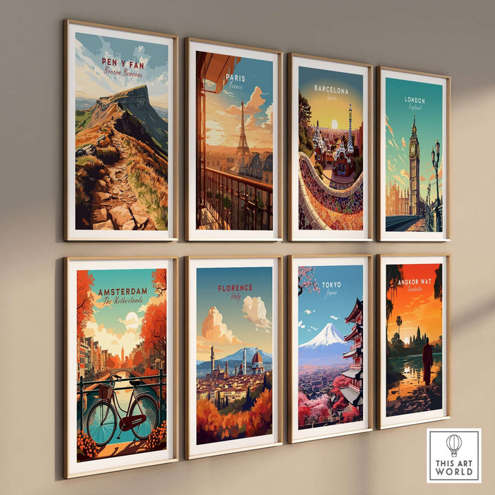 Vintage travel prints featuring Pen Y Fan, Paris, Barcelona, London, Amsterdam, Florence, Tokyo, and Angkor Wat.