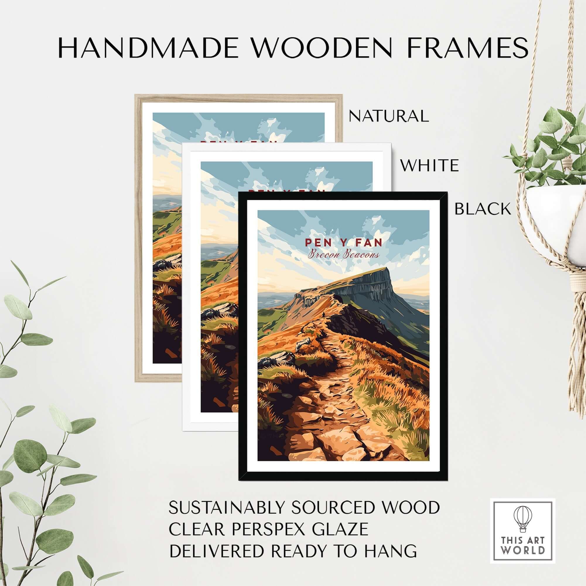 Pen Y Fan Travel Print Wales displayed in handmade wooden frames in natural, white, and black finishes.